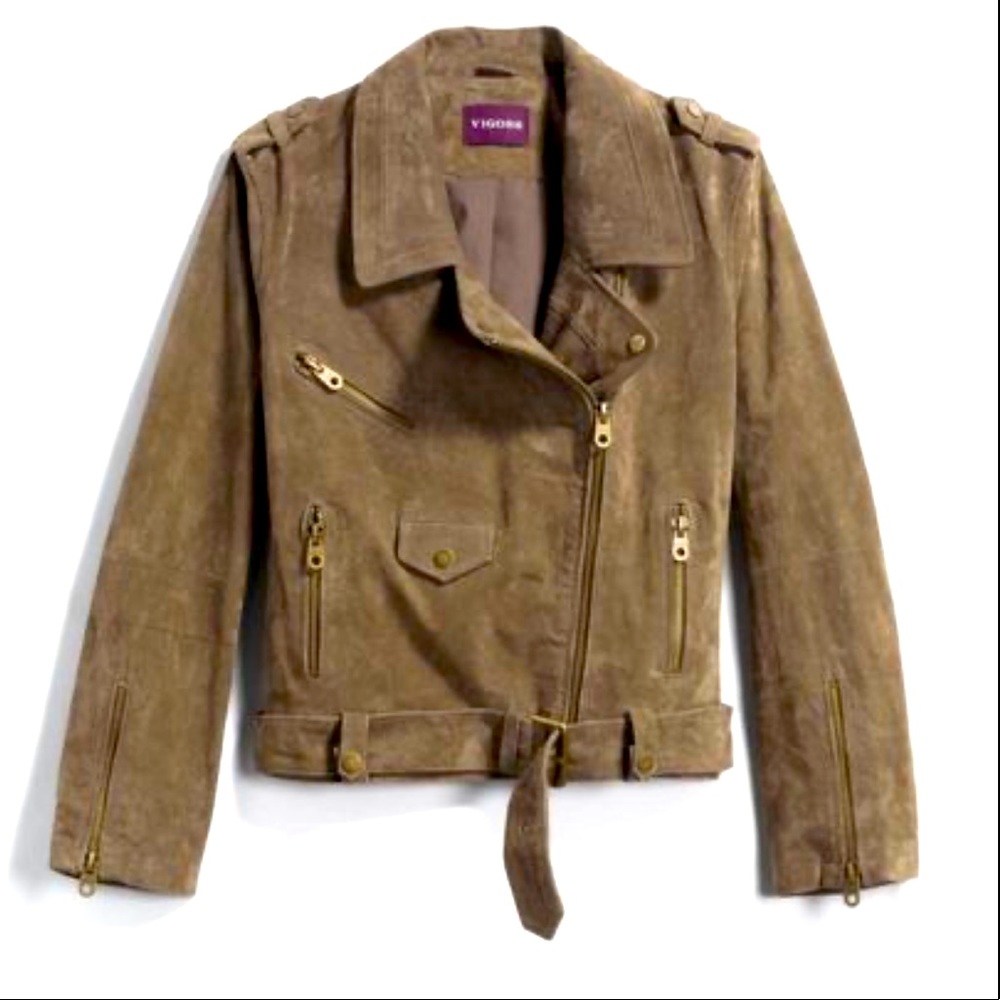 Vigoss Mitzie Suede Moto Jacket - Soft Leather - Olive/Brown